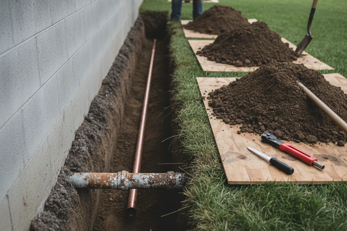 Excavated water line trench during Sewer Line Repair in Bryant